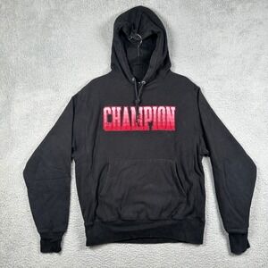 Champion Reverse Weave Hoodie Mens Medium Black Red Chenille Logo